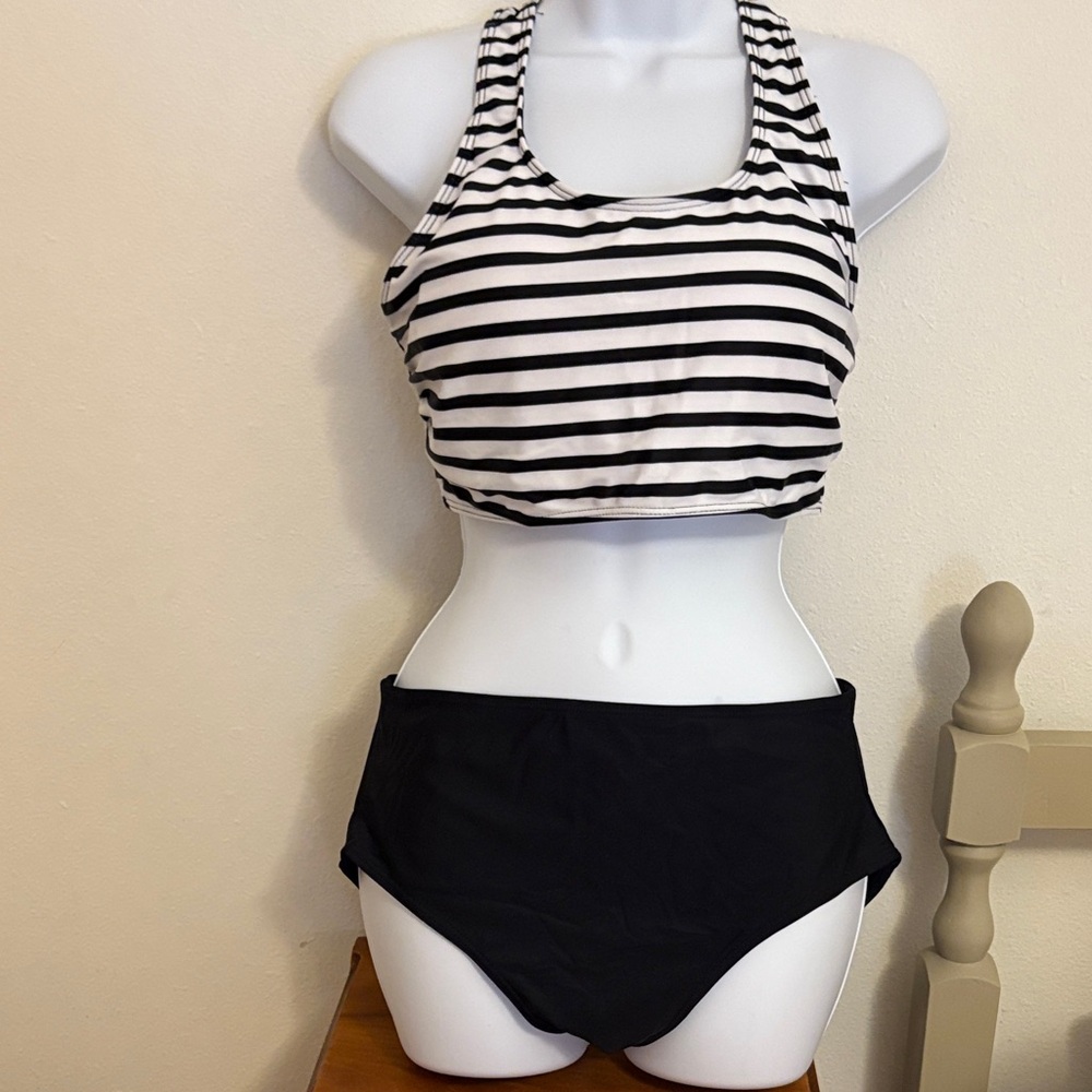 Black and White Striped Women's Swim Set